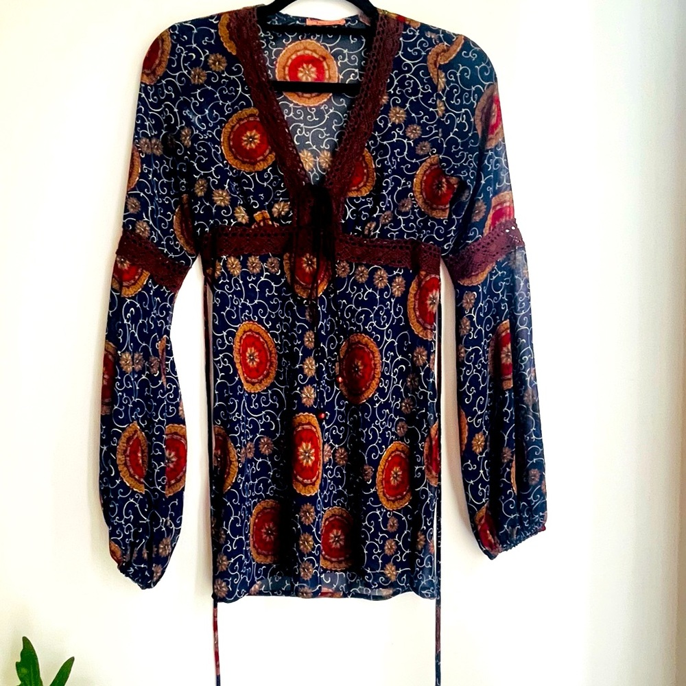 Boho sheer top with leather string S-XS
